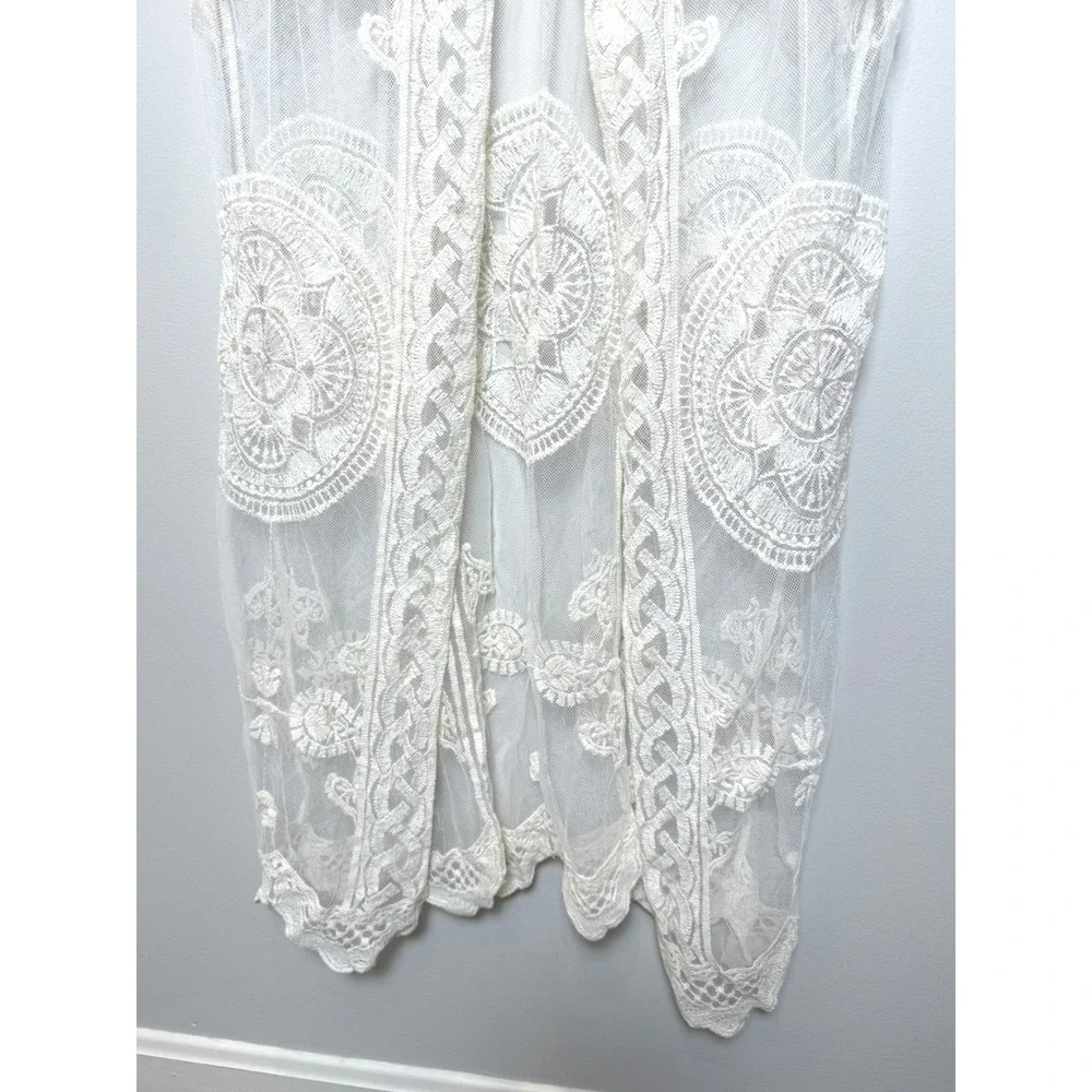 Rebellion Again Long Sheer Duster Cardigan Lace Crochet Romantic White Cream L‎